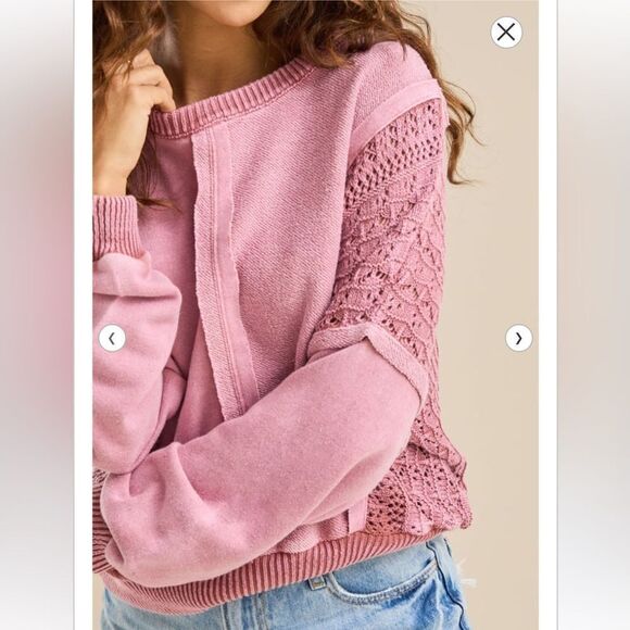 ALTAR’D STATE M Jenna Ash Rose Pink Stone Washed Crochet Pieced Crewneck Top - Picture 4 of 16